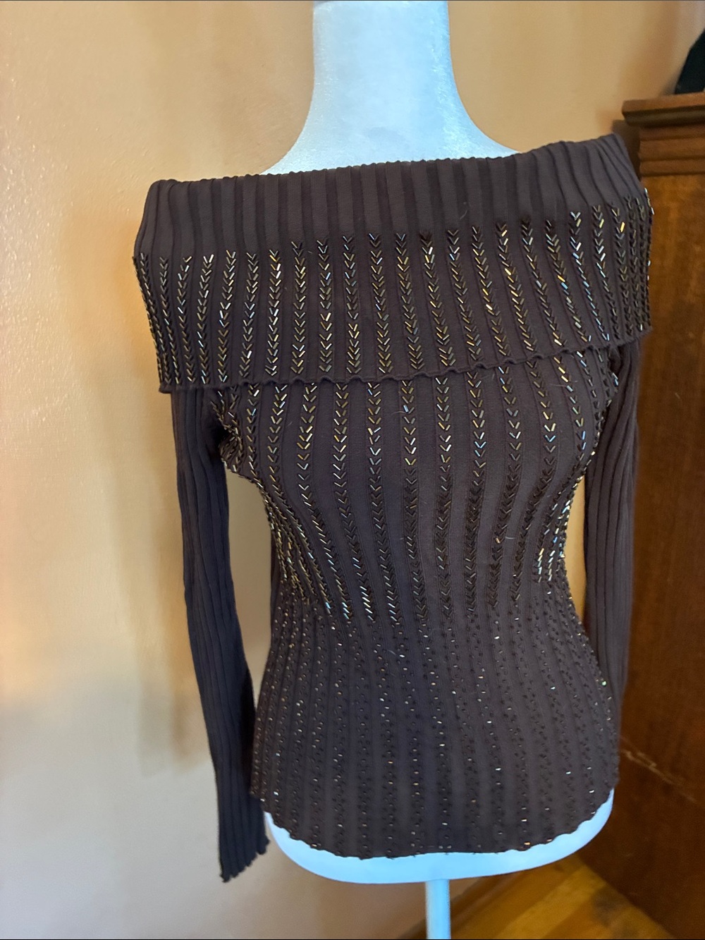 Cowl Neck or Off-the-Shoulder Ribbed Sparkle Top - Chocolate Brown